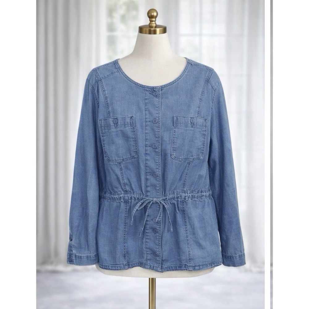 Lane Bryant Denim Utility Jacket Long Line Cinched Waist Lyocell Stretch Size 28